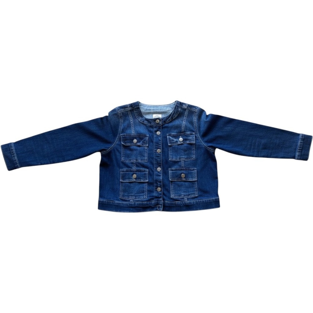 St. Johns Bay Denim Utility Jacket Collarless Dark Wash Blue Stretch Women PXL